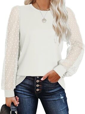 NWT Sheer Dot Sleeve Long-Sleeve Top - white XXL